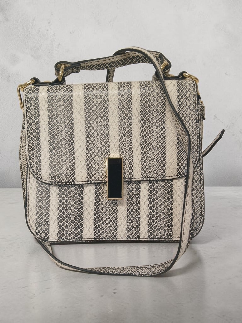 Gianni Bini Striped Snake-Print Satchel in Cream and Black